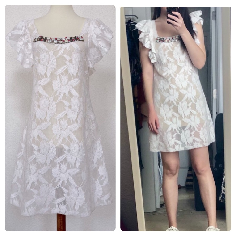 NWT Free People white lace beaded flutter dress